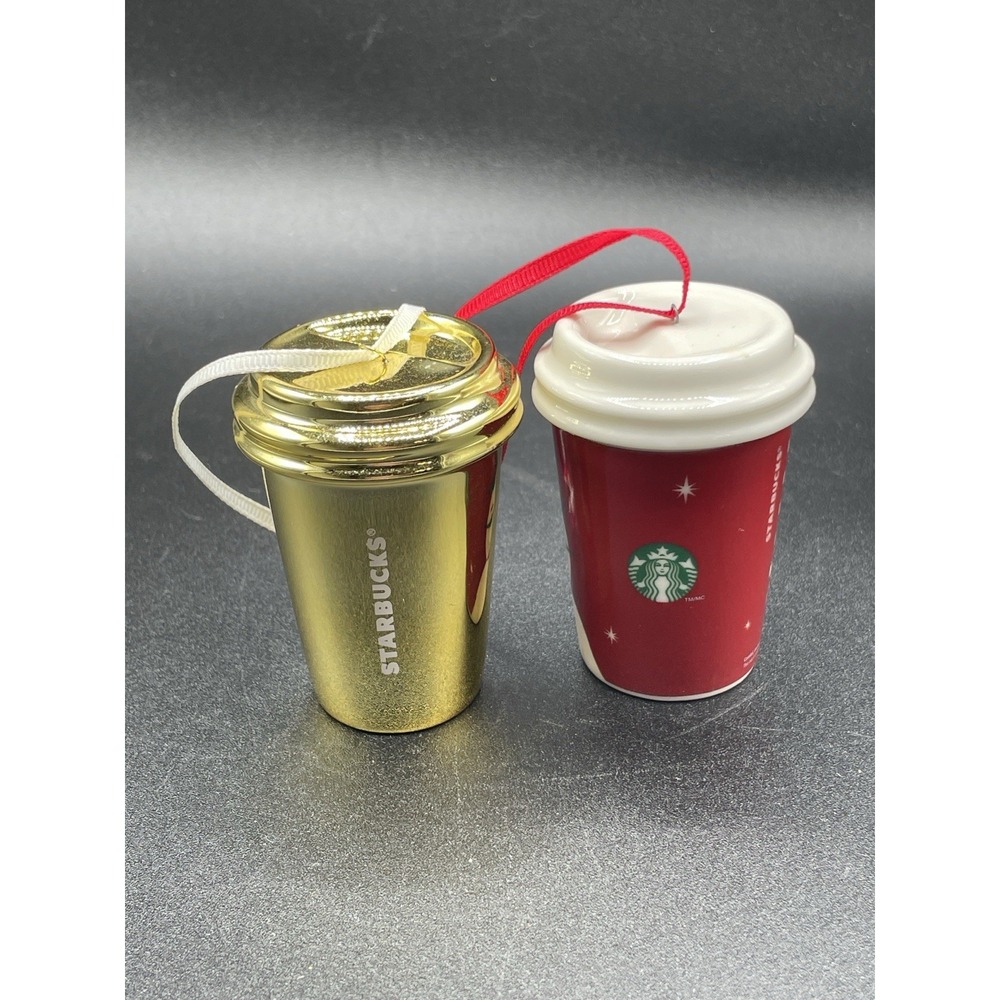 Starbucks Holiday Cup Ornaments Lot of 2 Mini 2.5" Gold & Red 2020 Style